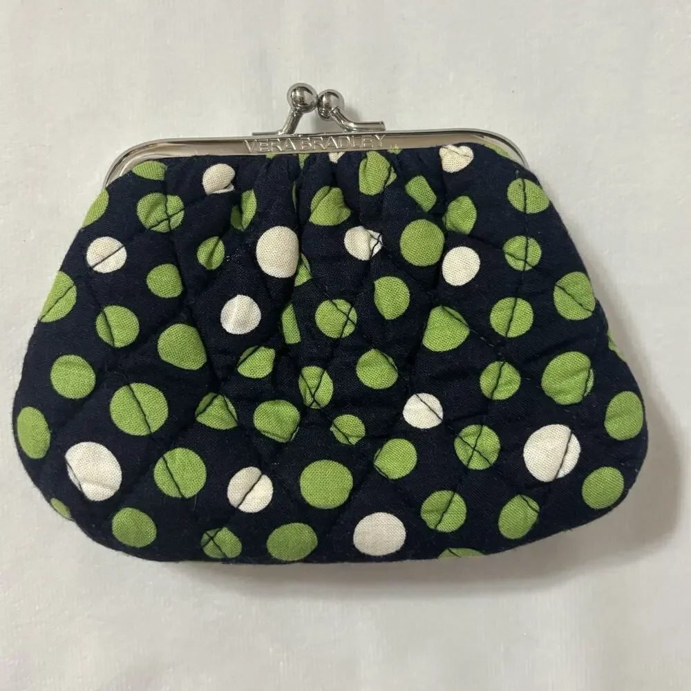 Vera Bradley Double Kiss Kisslock Coin Change Purse Retired Pattern Green Dots - Picture 2 of 5